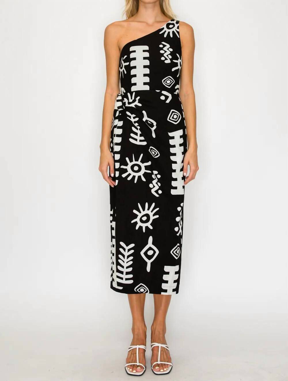 NEW MEET ME IN SANTORINI geometric one shoulder midi dress in black